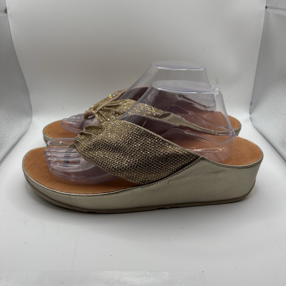 FitFlop Gold Thong Sandals Rhinestone Microwobbleboard Women's Size 10